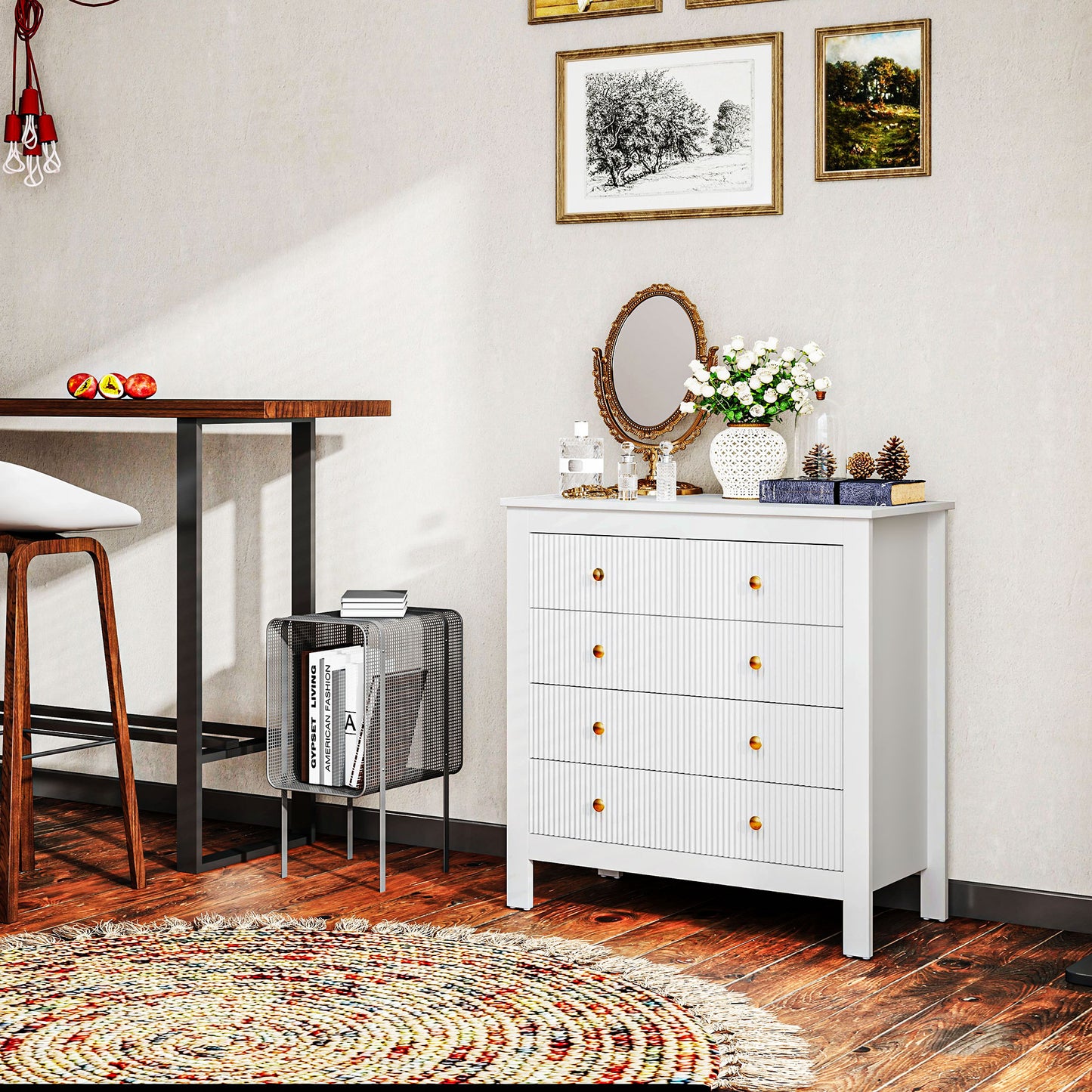 HOMCOM White Five Drawer Chest With Textured Fronts And Gold Tone Knobs For Elegant Bedroom Storage