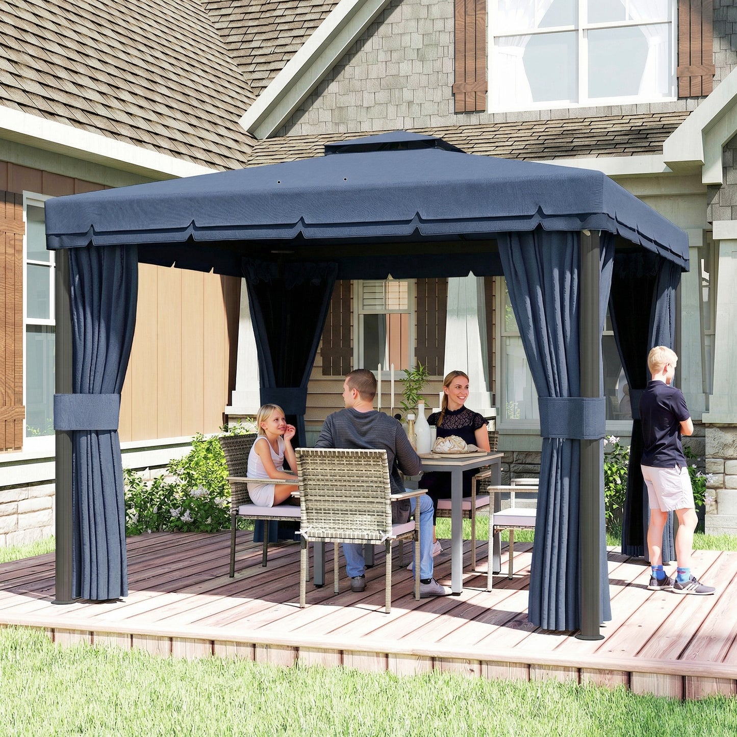 Outsunny 3x3m Patio Gazebo Canopy Garden Pavilion Tent Shelter Marquee With 2 Tier Roof Netting Curtains Dark Blue