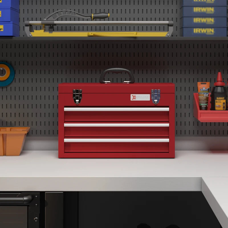 DURHAND Lockable Metal Tool Box - 3 Drawer Tool Chest with Latches, Handle, Ball Bearing Runners - Red - ALL4U RETAILER LTD