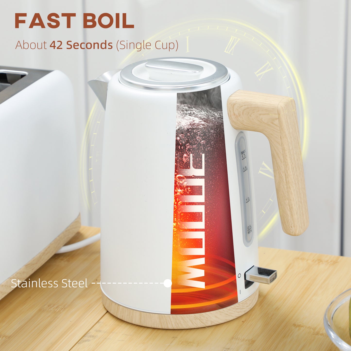 HOMCOM White Kettle and Toaster Set 1.7L 3000W 2 Slice Toaster with 7 Level Browning Defrost Reheat Auto Off