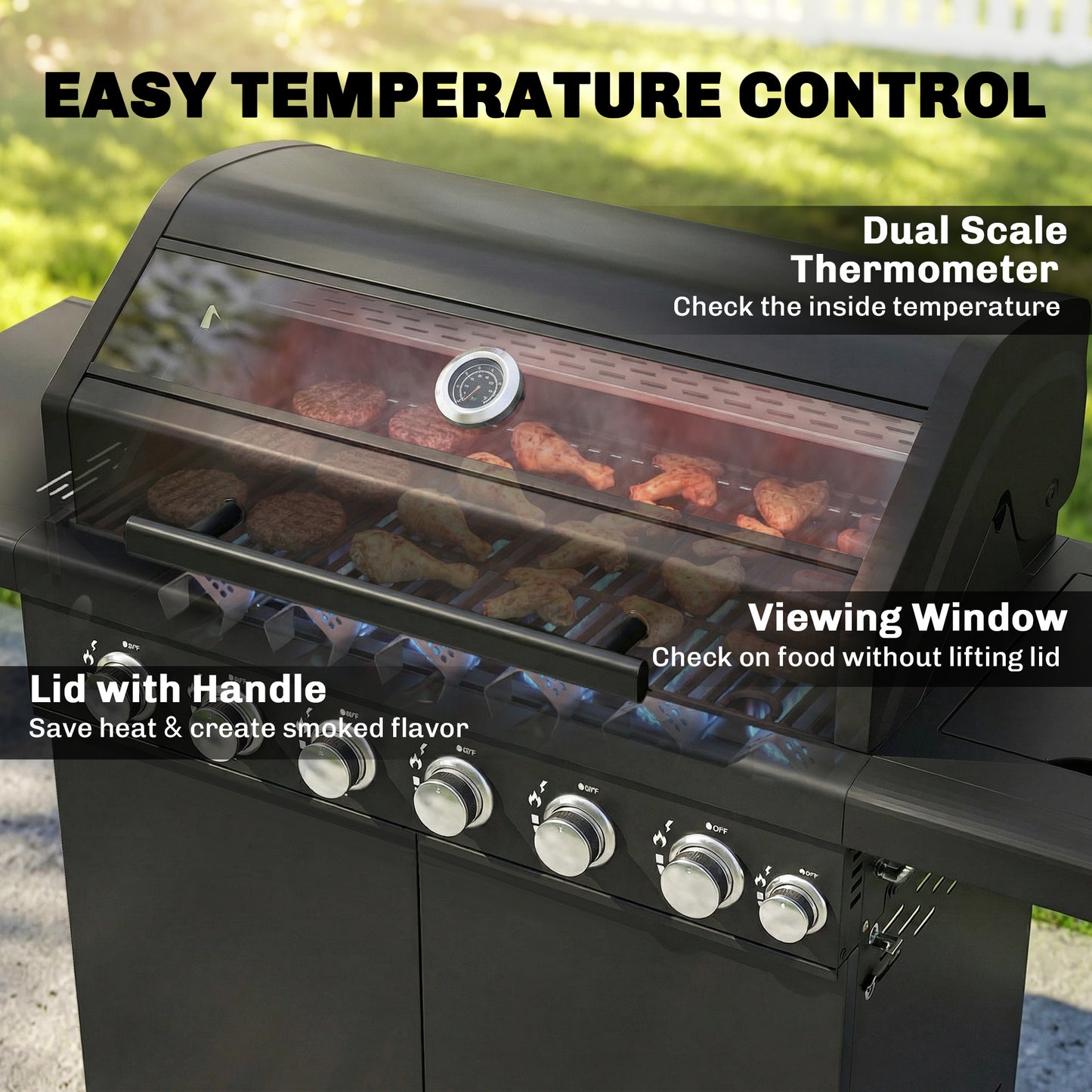 Outsunny Six Plus One Burner Gas BBQ Grill On Trolley With Wheels Warming Rack Thermometer And Bottle Opener Black
