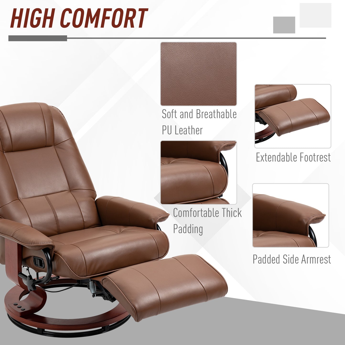 HOMCOM Faux Leather Recliner Armchair With 145 Degree Back Tilt And 360 Degree Swivel Brown
