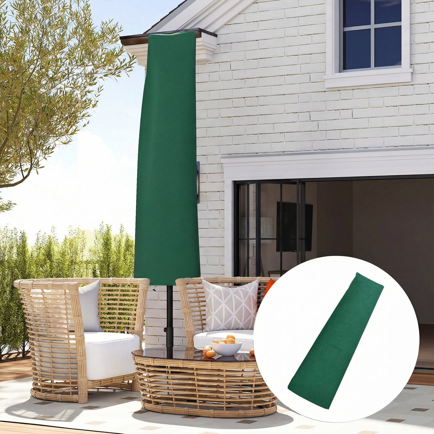 Green waterproof cantilever banana umbrella cover, fitted tall sleeve for 3 m parasol.