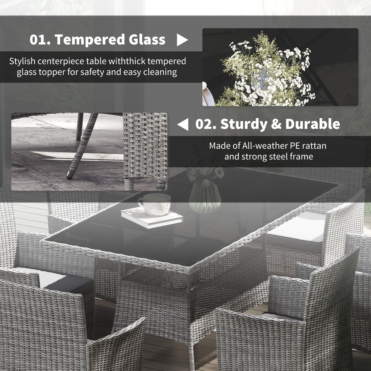 Outsunny 7 Piece Rattan Garden Furniture Set With Cushions 6 Seater Table And Chairs Glass Top Charcoal Grey