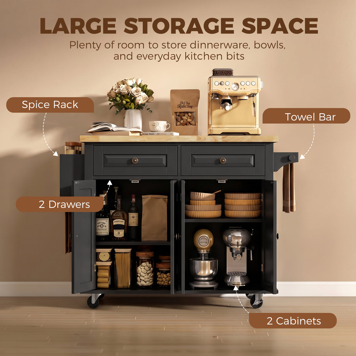 Black rolling kitchen island cart with rubberwood top, two drawers, and enclosed storage cabinets