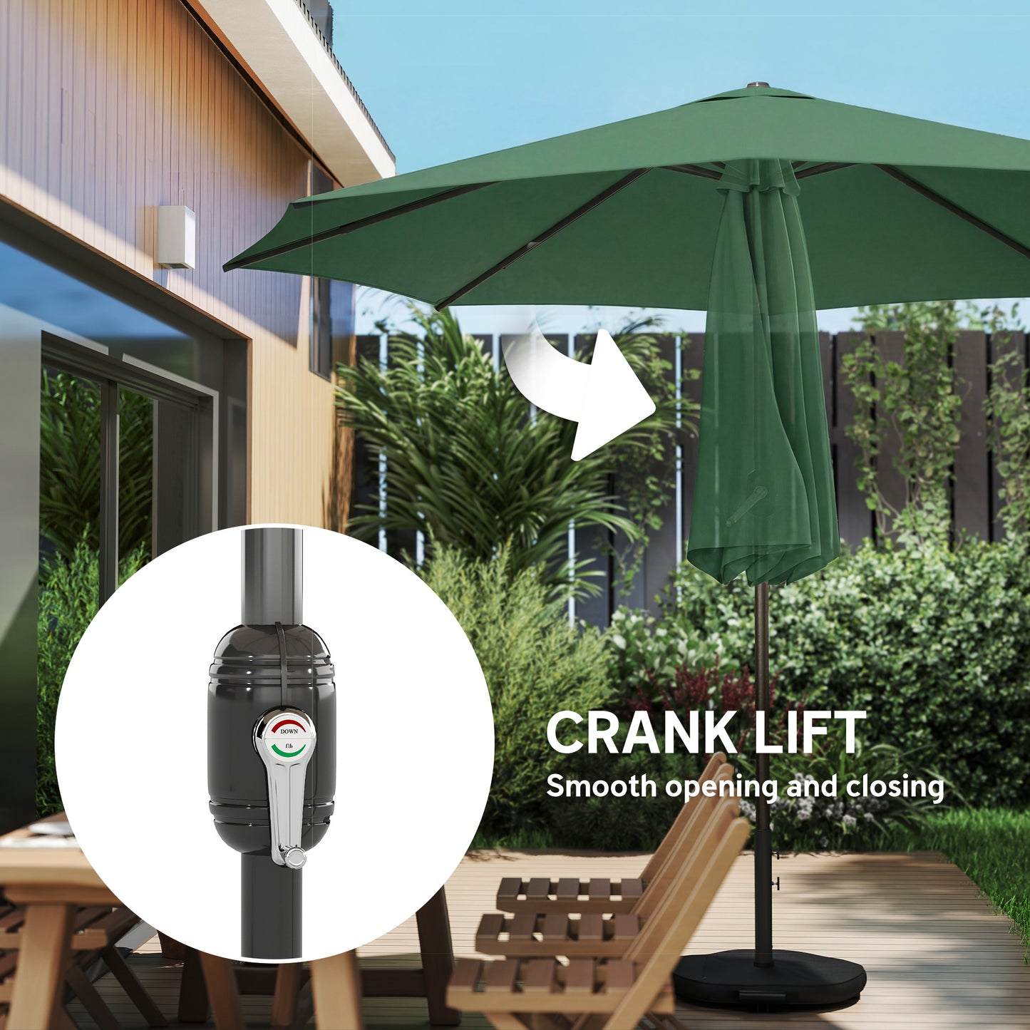 Outsunny 2.7 M Garden Parasol Umbrella With Cross Base And Sandbag Retractable Ribs Outdoor Table Market Umbrella Green