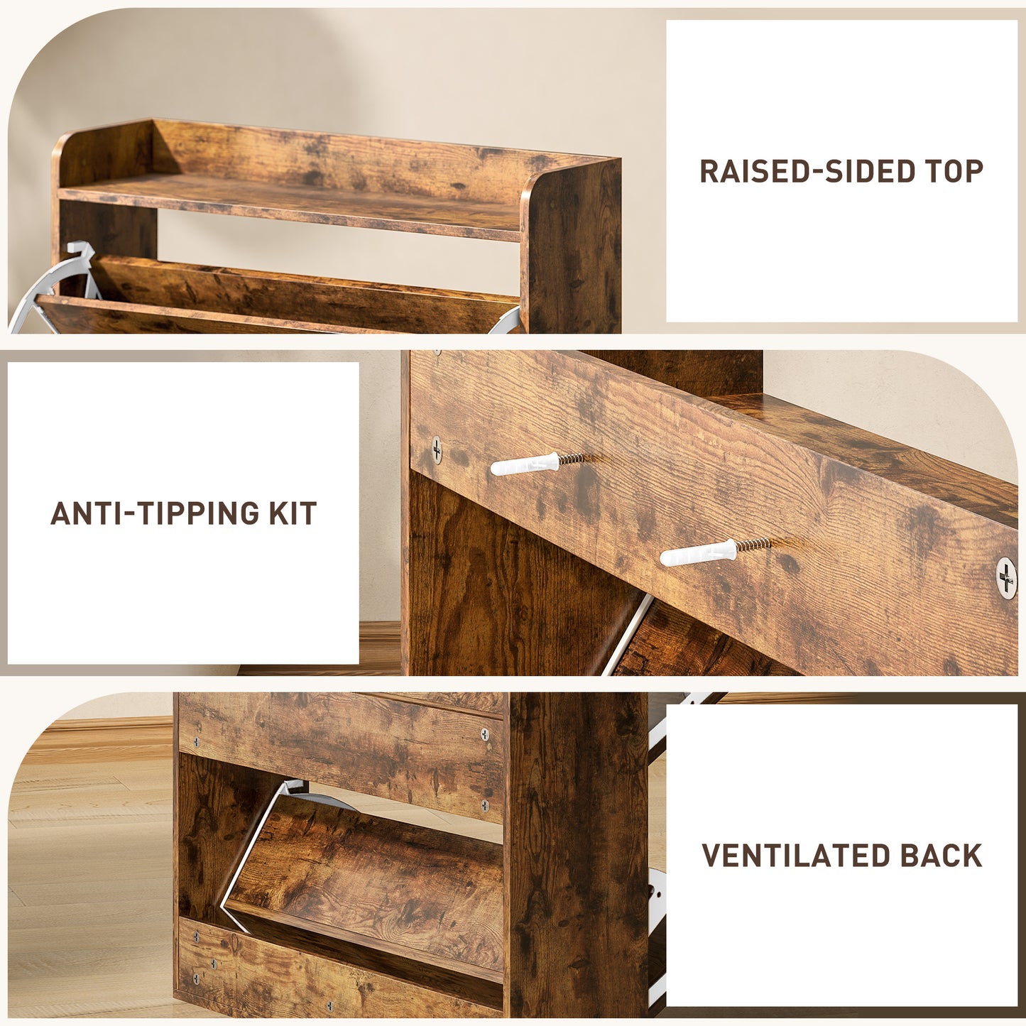 HOMCOM Narrow Shoe Cabinet With Two Flip Drawers And Adjustable Shelves Rustic Brown For Organization Up To 16 Pairs