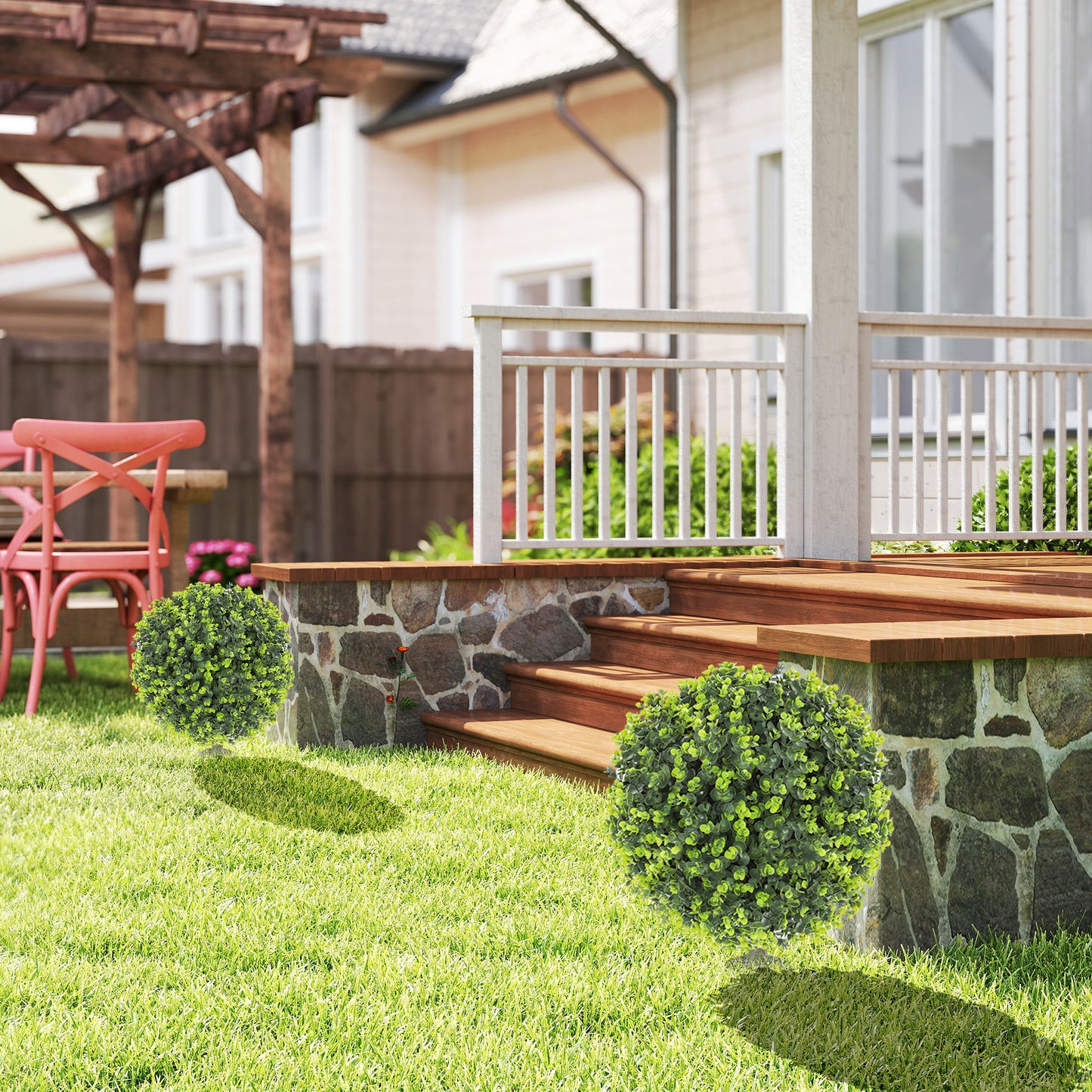 HOMCOM 2 Pack 40 Cm Artificial Boxwood Topiary Balls With Ground Stake Eucalyptus Leaves UV Resistant Indoor Outdoor