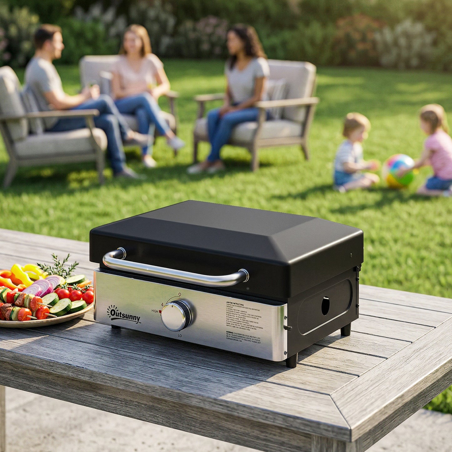 Outsunny Grill Griddle Portable Gas Plancha 3.5 Kw Tabletop BBQ with Grease Cup for Camping Picnics Patios Black