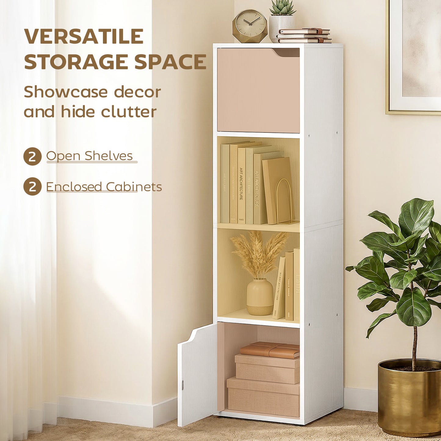 HOMCOM Narrow 4 Tier Bookcase With Doors Storage Cabinet White For Living Room And Bedroom