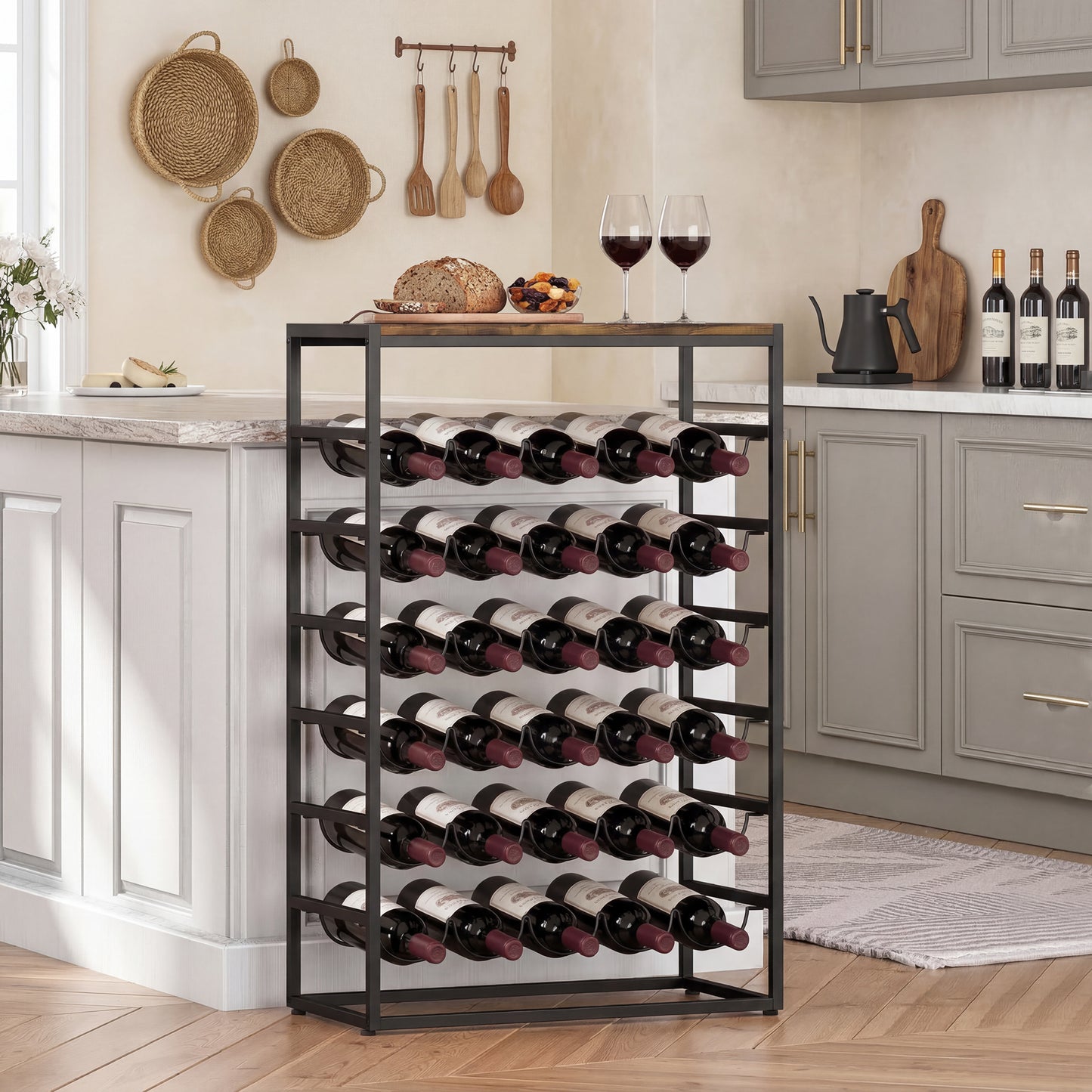 HOMCOM 30 Bottles Wine Rack 6 Tier Free Standing Wine Storage Holder With Wood Effect Tabletop Rustic Brown