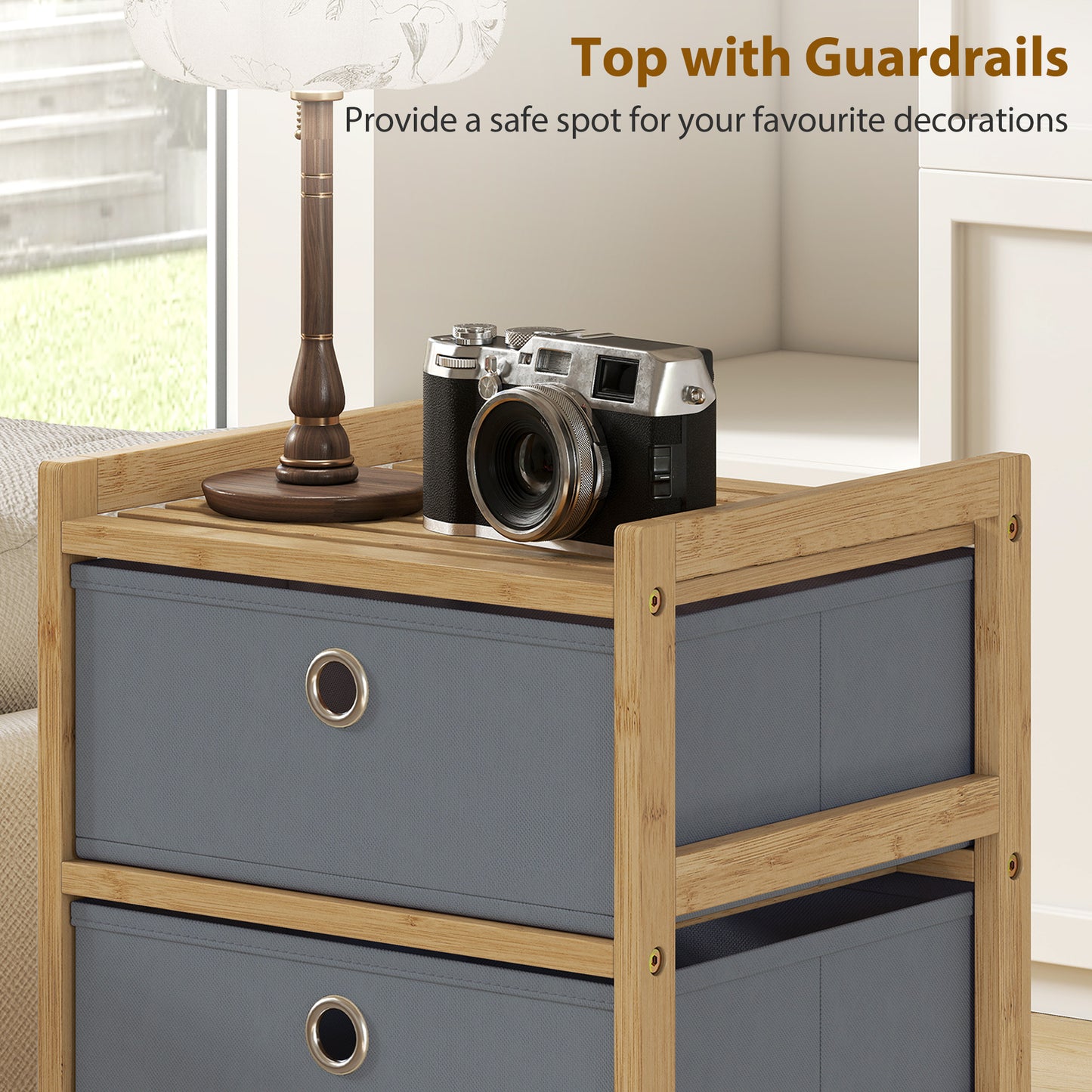 HOMCOM Chest of Drawers Narrow Dresser With Four Fabric Drawers and Bamboo Frame in Light Grey