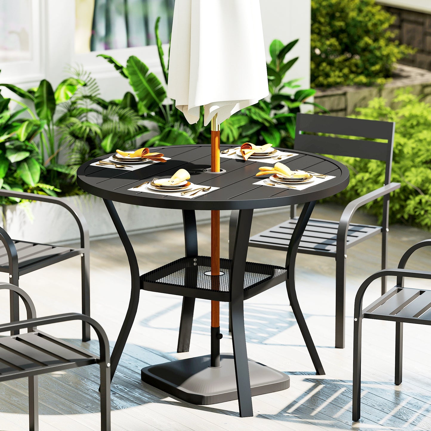 Outsunny 90 cm Round Garden Dining Table with Parasol Hole 40 to 50 mm Steel Slatted Top and Wire Shelf Black