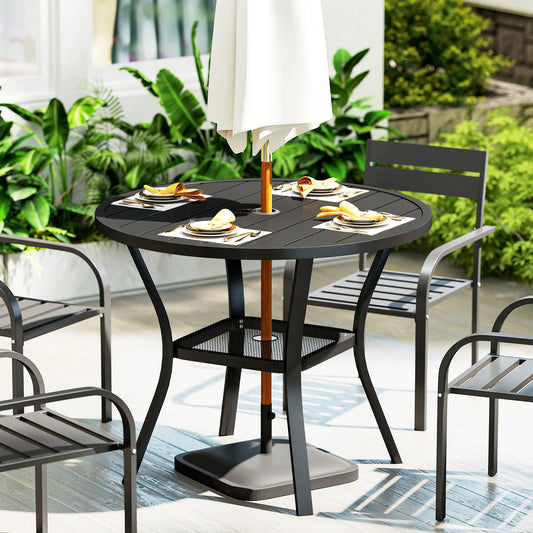 Outsunny 90 cm Round Garden Dining Table with Parasol Hole 40 to 50 mm Steel Slatted Top and Wire Shelf Black