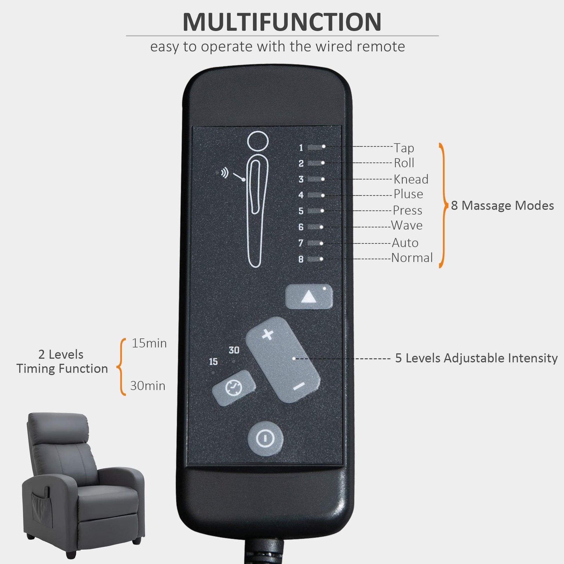 HOMCOM Massage Recliner Chair - Grey - ALL4U RETAILER LTD