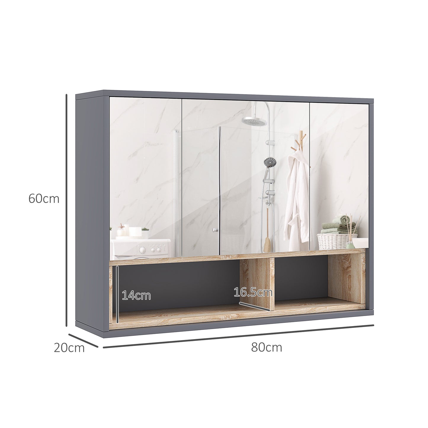 HOMCOM Wall Mounted Bathroom Mirror Cabinet With 3 Doors And Cupboards In Grey Modern Bathroom Storage Organizer