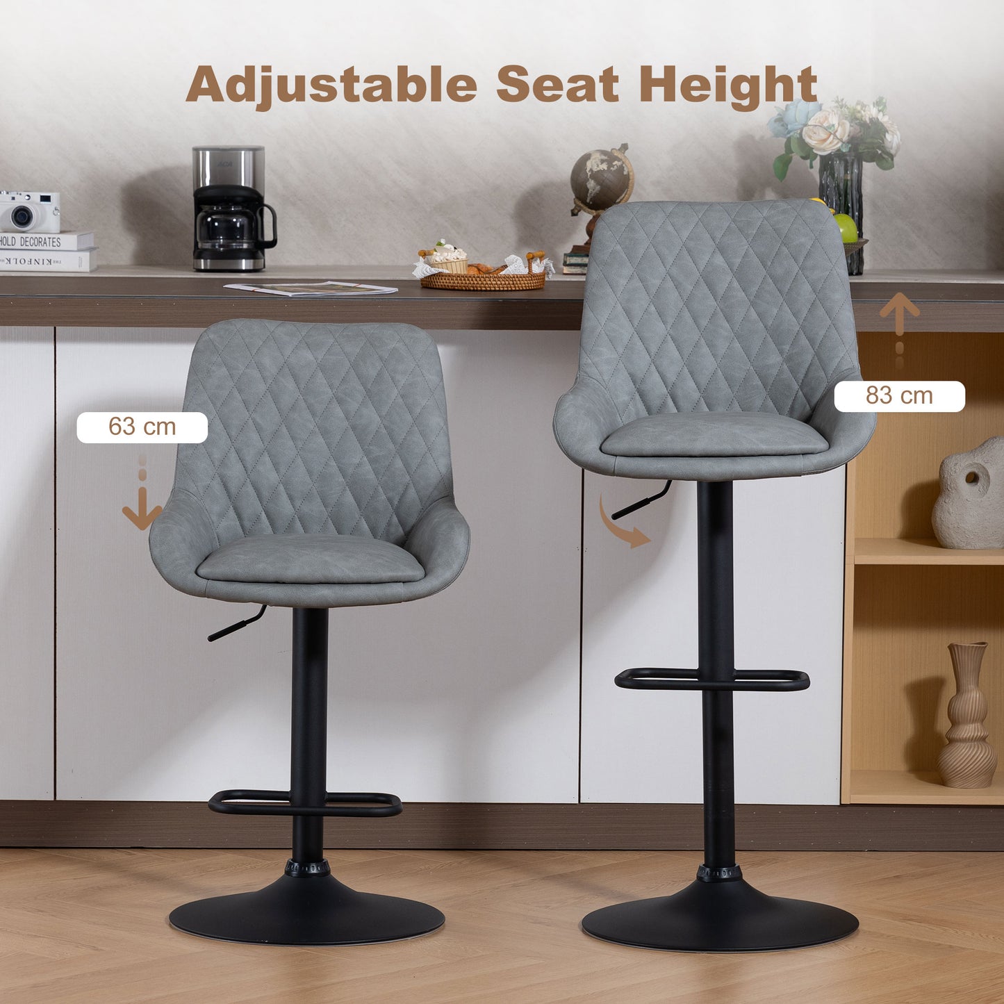 HOMCOM Set Of Two Faux Leather Retro Bar Stools Light Grey Adjustable Height Padded Back