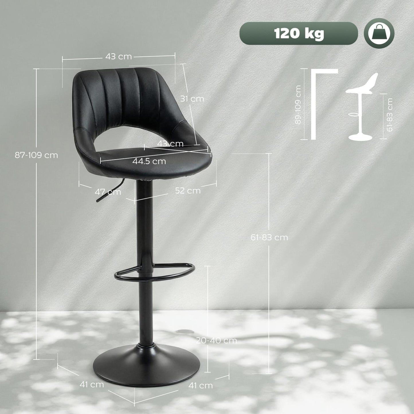 HOMCOM Set Of Two Faux Leather Bar Stools Black Adjustable Height 87 To 109 Cm Swivel 360 Degree For Kitchen Counter