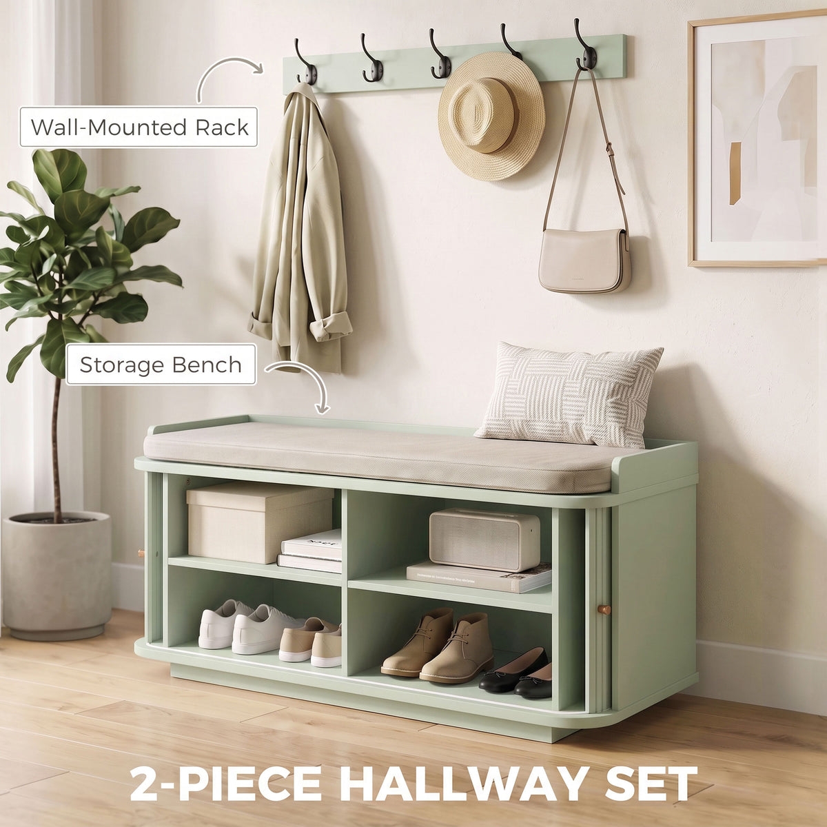 HOMCOM Hallway Storage Unit with Shoe Cabinet, Bench and 5 Coat Hooks