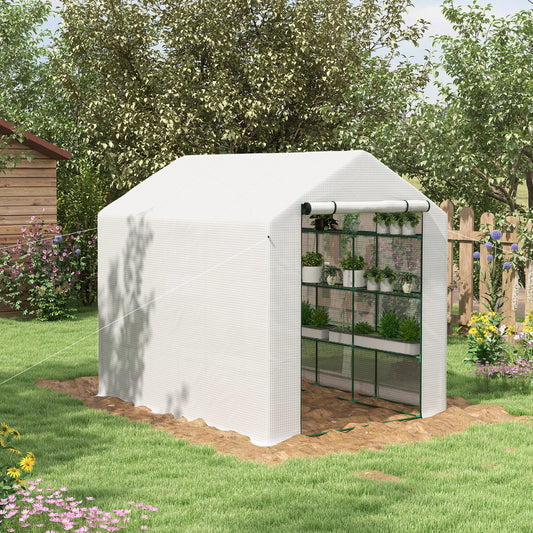 Outsunny 8x6ft Walk In Greenhouse With Shelves White Powder Coated Steel Frame For Outdoor Garden Use