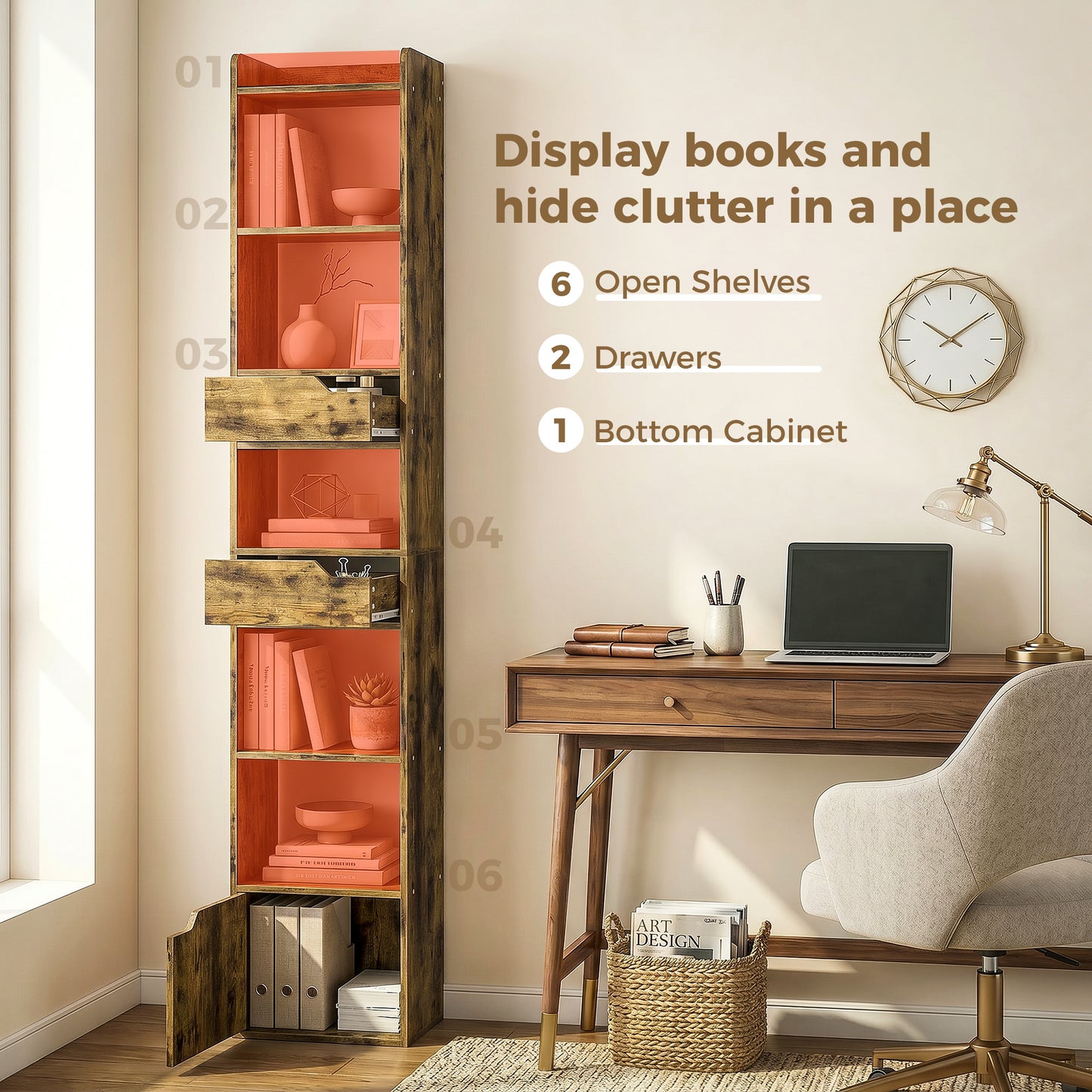 HOMCOM Tall Narrow Bookcase With 5 Tiers Drawers Freestanding Bookshelf Storage Cabinet for Living Room Rustic Brown