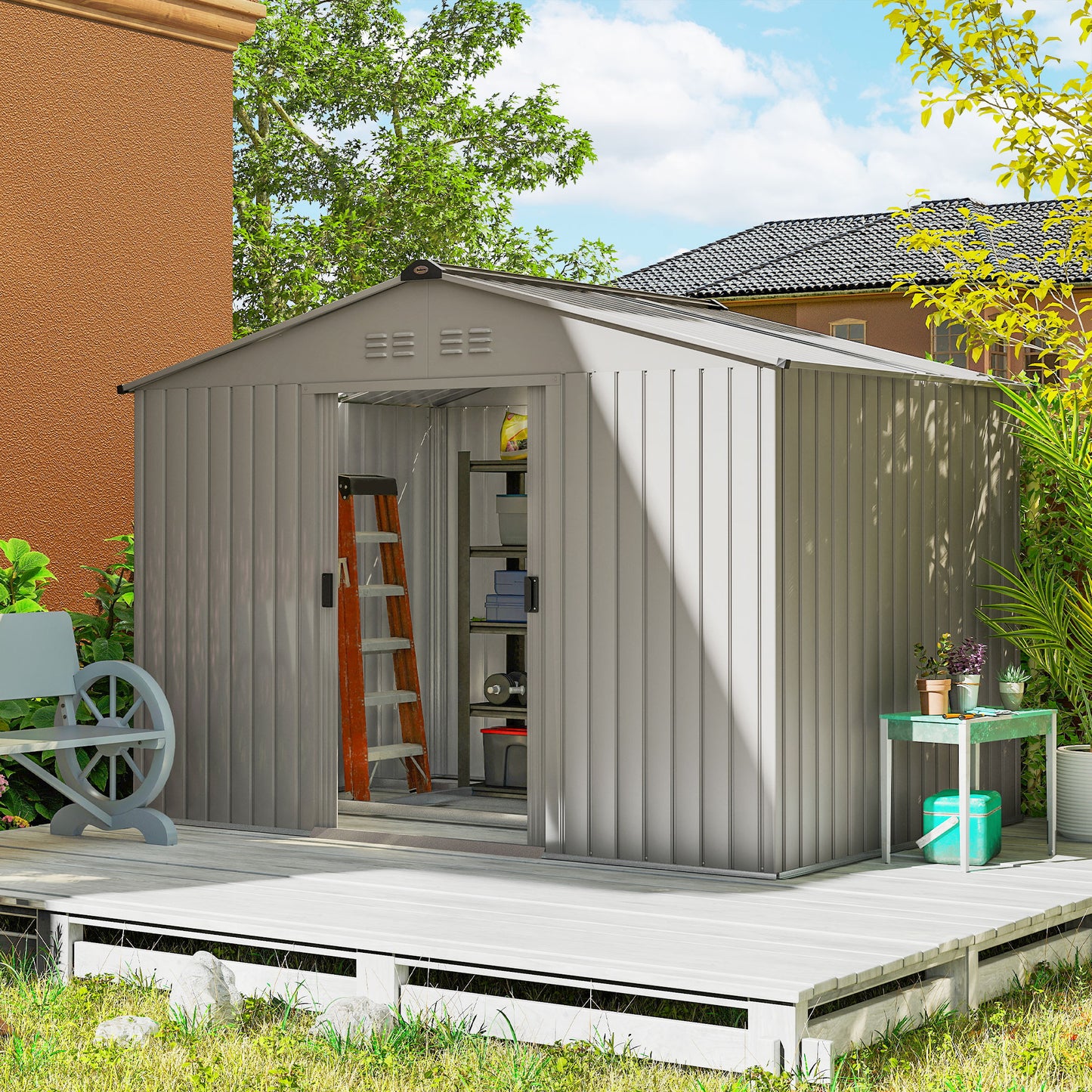 Outsunny Metal Garden Storage Shed With Foundation Kit 9 x 6 Ft Grey Lockable Double Doors And Ventilation
