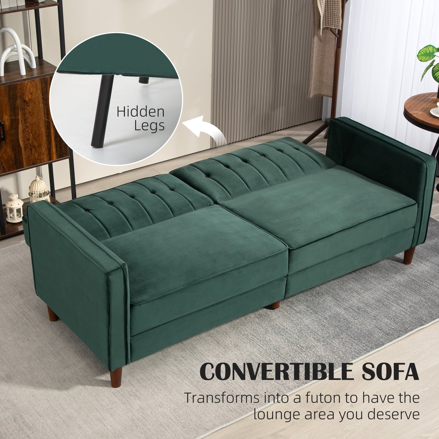 HOMCOM Velvet Feel Three Seater Sofa Bed Green With Thick Cushions For Day And Night Comfort