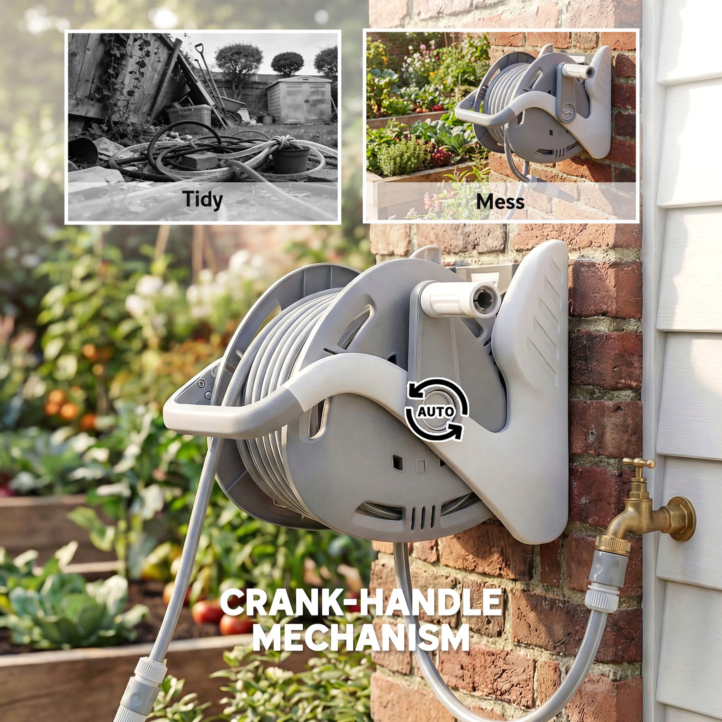 Outsunny Portable Garden Hose Reel 20 Plus 2 Meters Wall Mounted Reel With Two Pattern Nozzle And Crank Grey