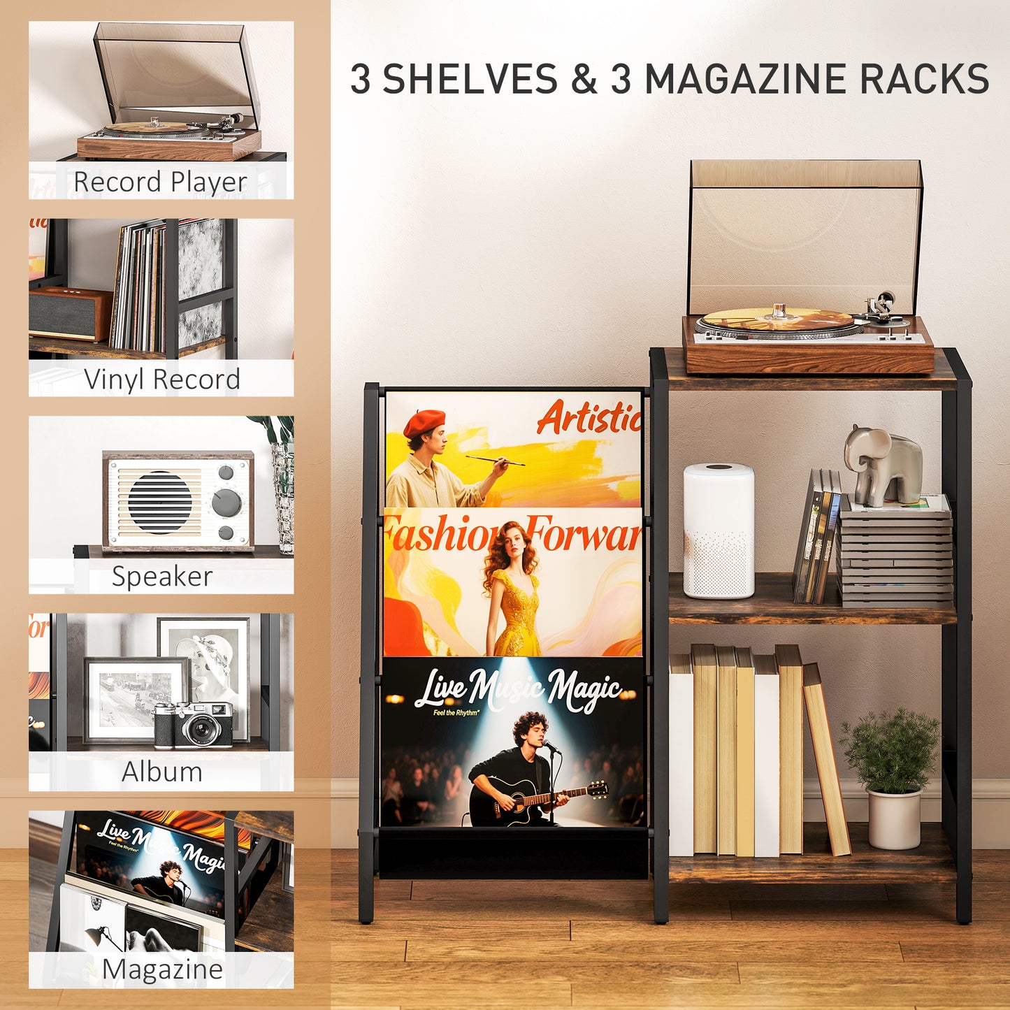 HOMCOM 3 Tier Record Player Stand End Table for Living Room and Bedroom Rustic Brown
