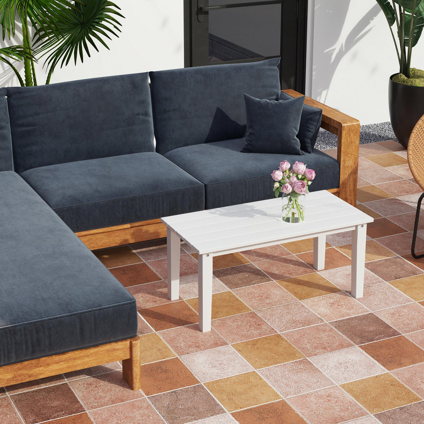 Outsunny Outdoor Garden Coffee Table HDPE All Weather Rectangular Slatted Top for Patio Balcony 91 x 44 x 42 cm White