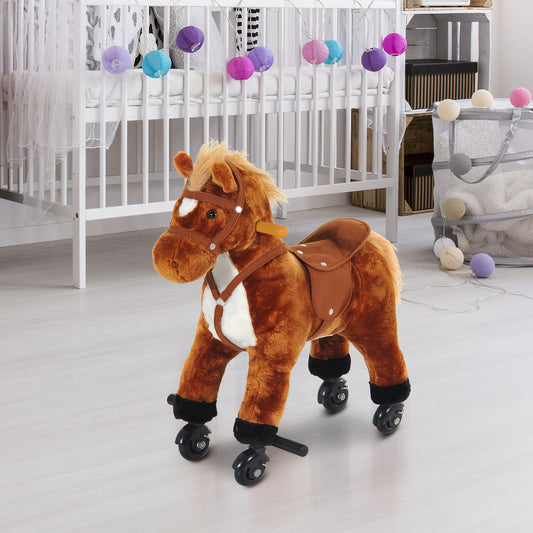 HOMCOM Interactive Plush Riding Horse: Movable Wooden Pony with Sound and Wheels, Brown - ALL4U RETAILER LTD