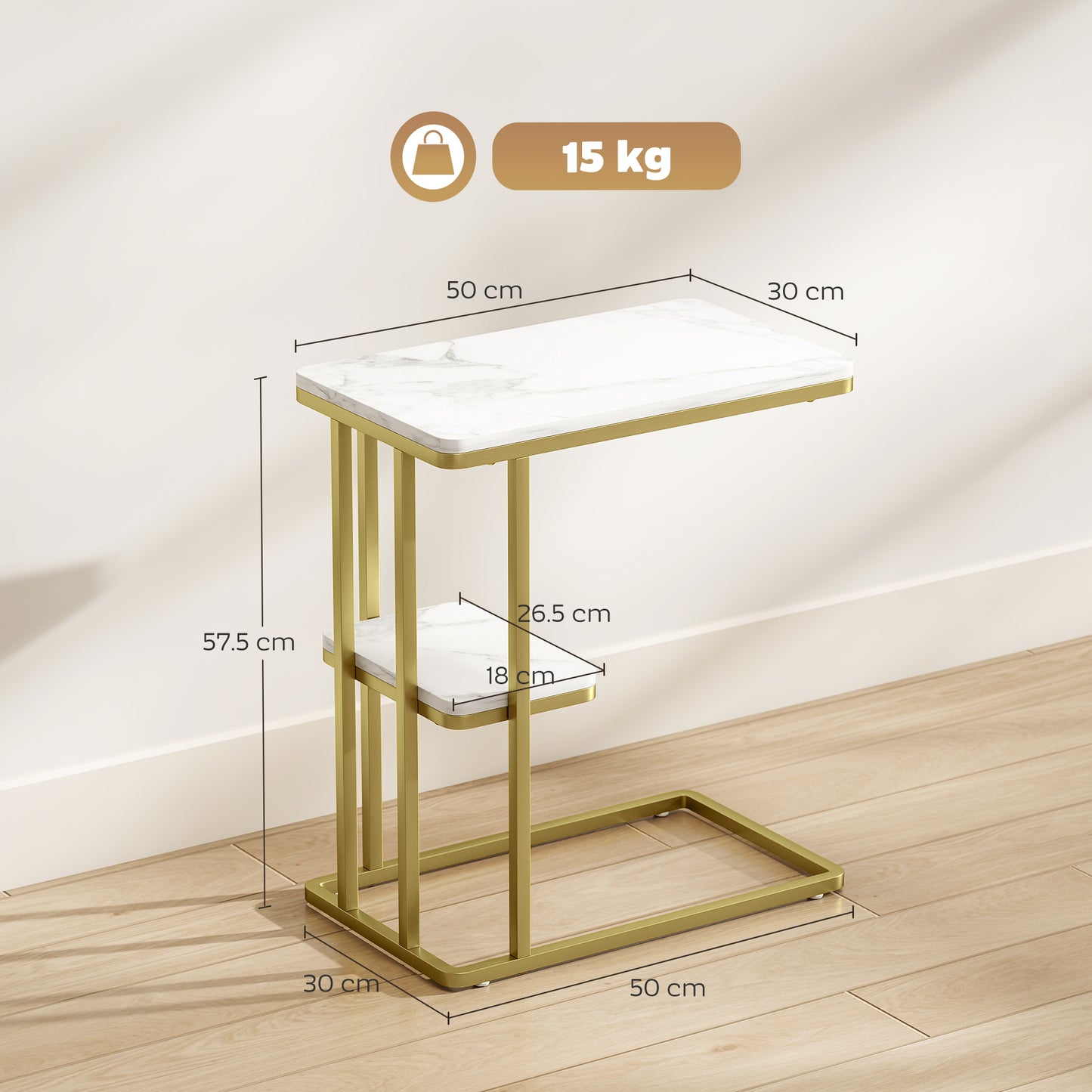 HOMCOM C Shaped Side Table 2 Tier End Table Nightstand for Small Spaces Living Room Bedroom White Marble