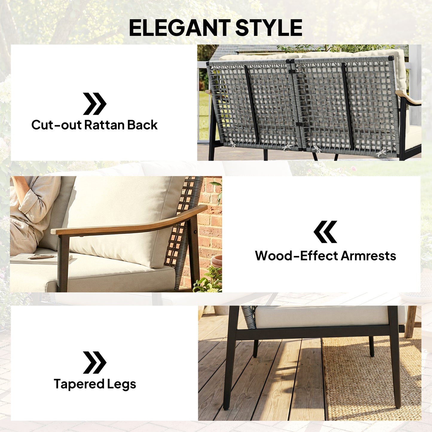 Outsunny 2 Seater Rattan Sofa Outdoor Garden Sofa With Wood Effect Armrests Cushions For Patio Balcony Khaki