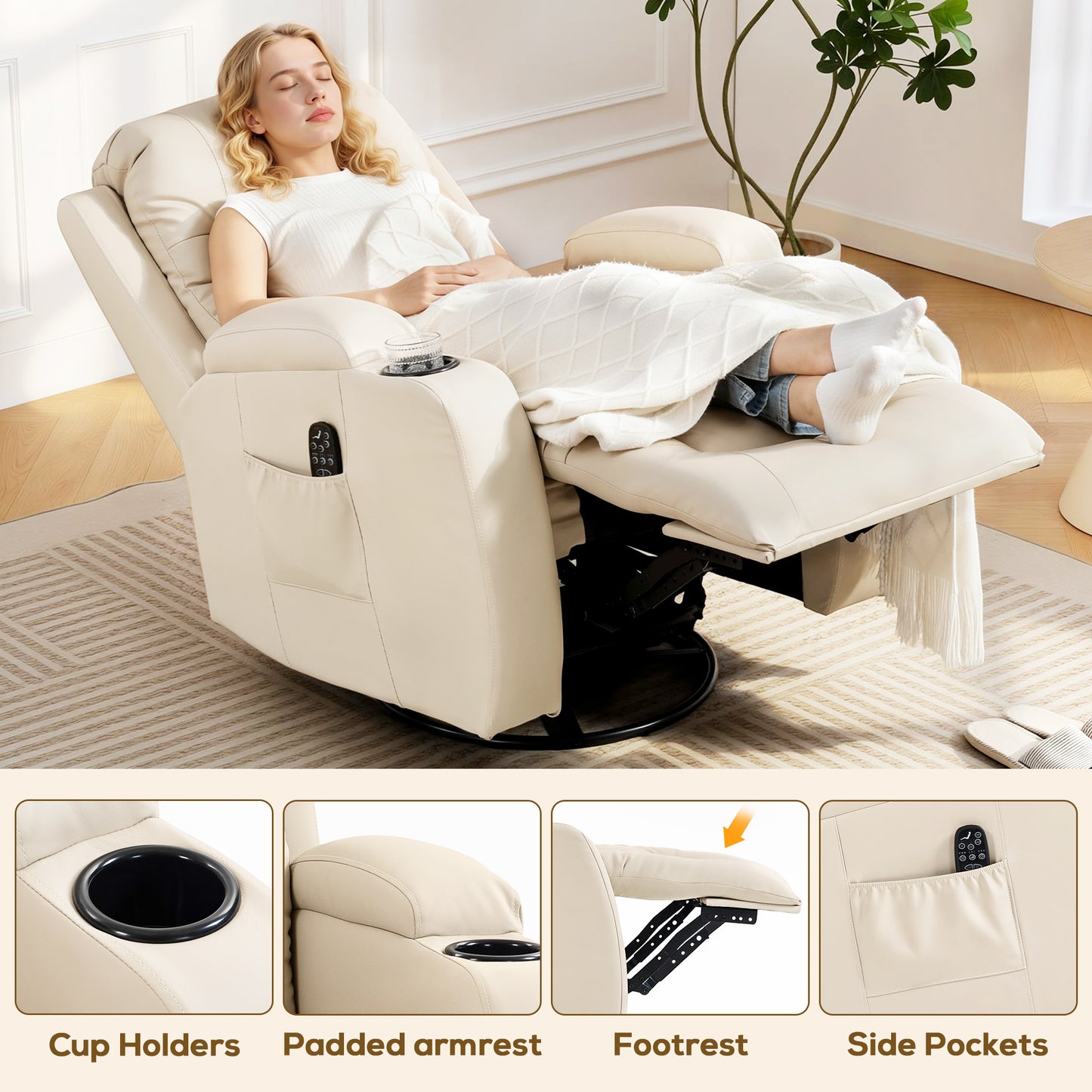 HOMCOM PU Leather Eight Point Vibrating Massage Recliner Chair With Extended Footrest Cup Holders Side Pockets Cream
