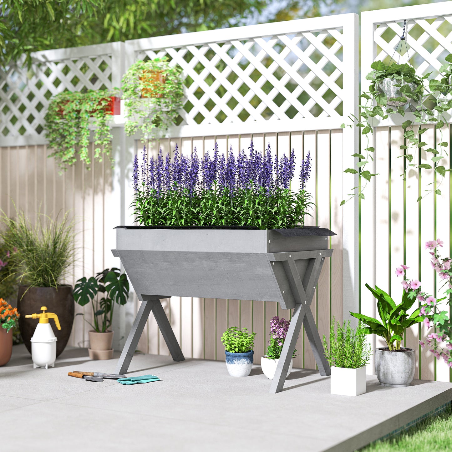 Outsunny Wooden Raised Garden Bed With Liner Bag And Legs Light Grey 29 X 91 Cm