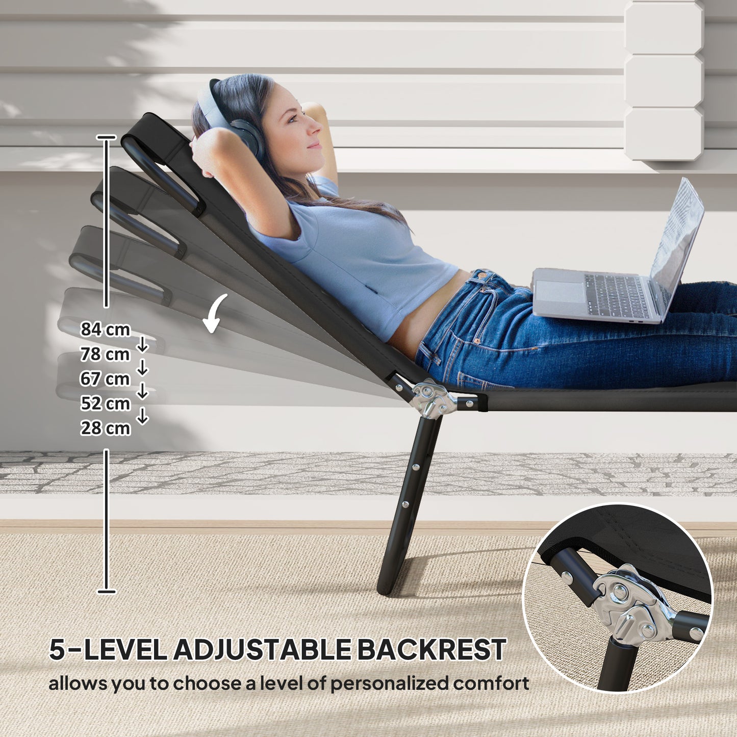 Outsunny Garden Sun Lounger With Five Position Backrest Adjustable Folding Black Metal Frame