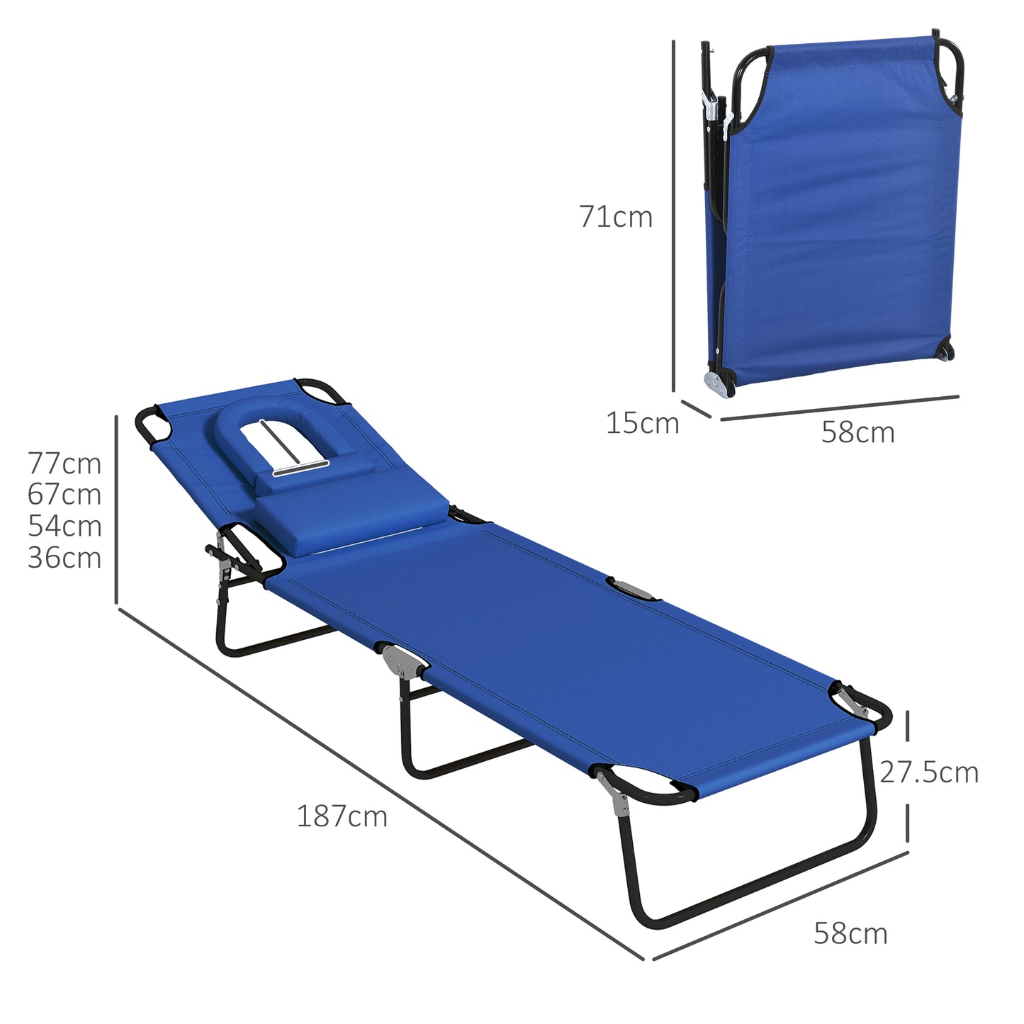 Outsunny Adjustable Outdoor Sun Lounger Set of 2 with Pillow and Reading Hole - Blue - ALL4U RETAILER LTD