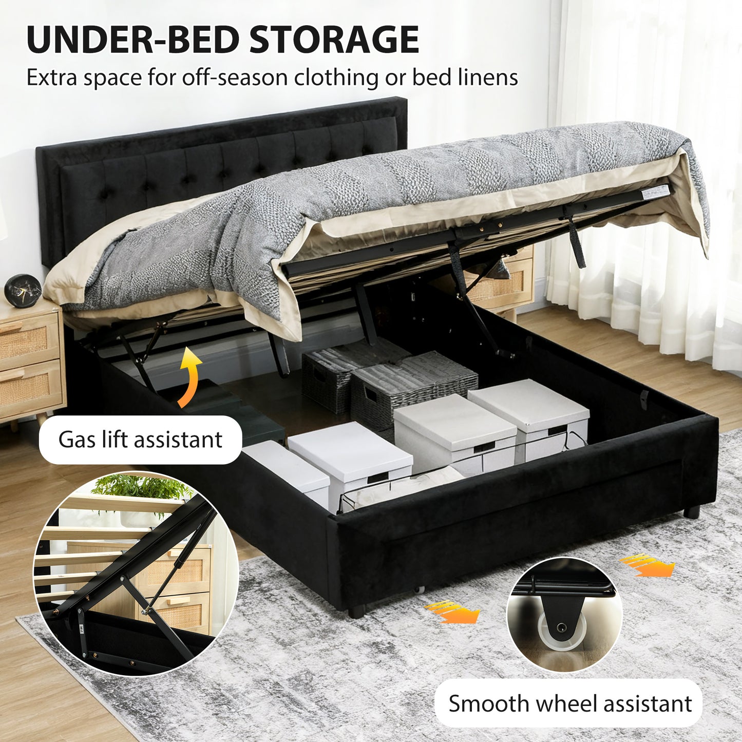 HOMCOM King Ottoman Bed Frame With Storage Drawer Gas Lift And Adjustable Upholstered Headboard Black 5ft