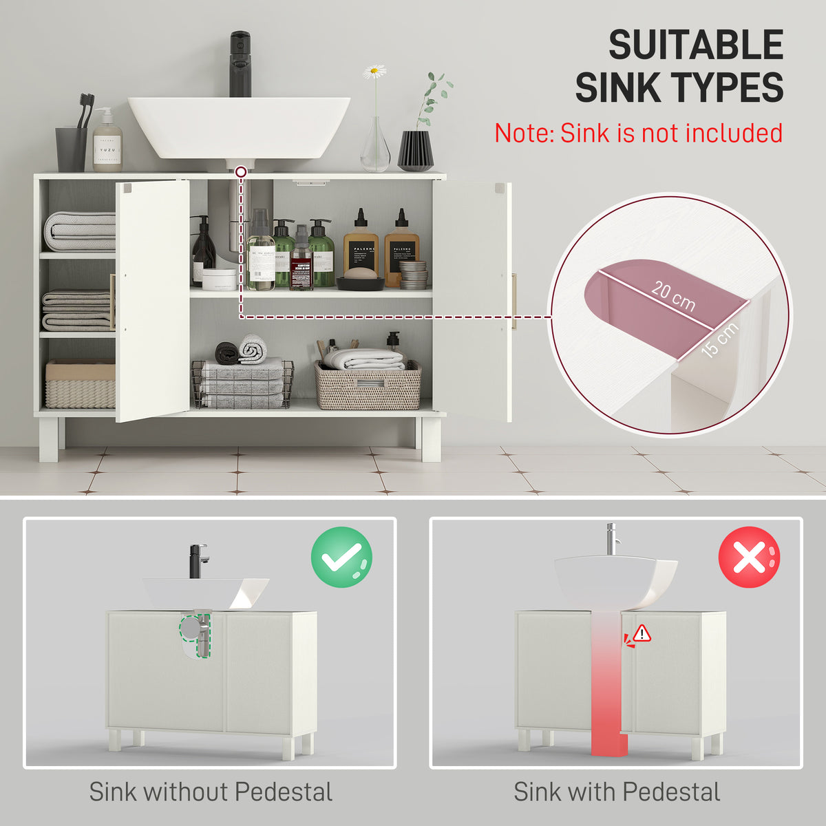 Cream under-sink cabinet with U-shaped cutout for compatible sink installation