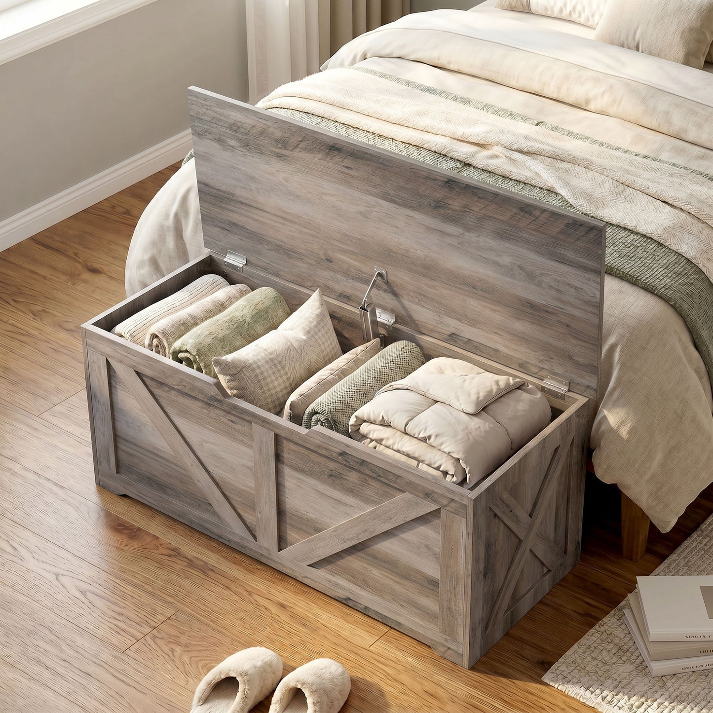 HOMCOM 100L Home Storage Box With Safety Hinge Grey Wood Effect Bench Seat For Living Room