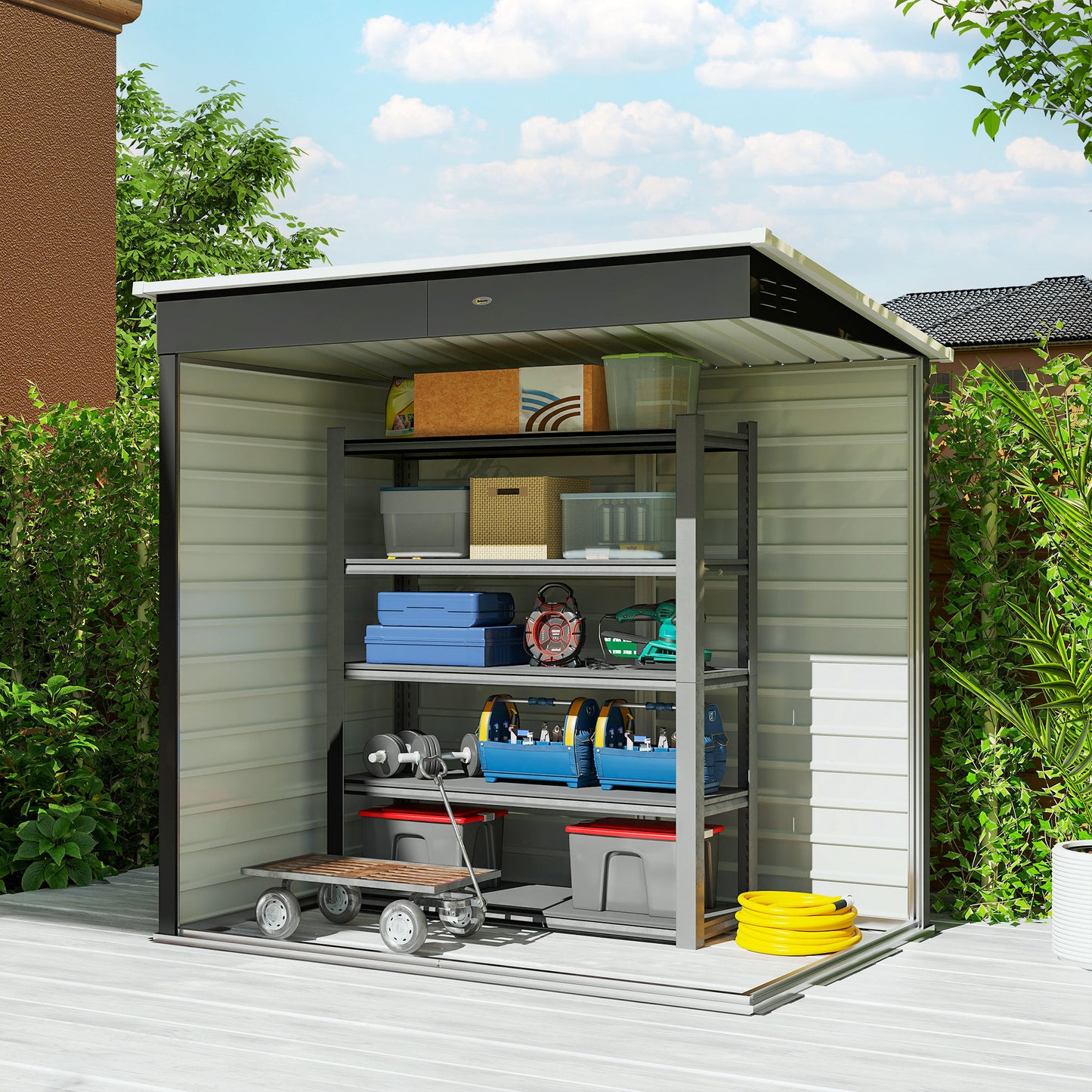 Outsunny 6x4ft Metal Garden Storage Shed With Lockable Door And Garden Gloves For Patio Tools And Rubbish Bins Dark Grey