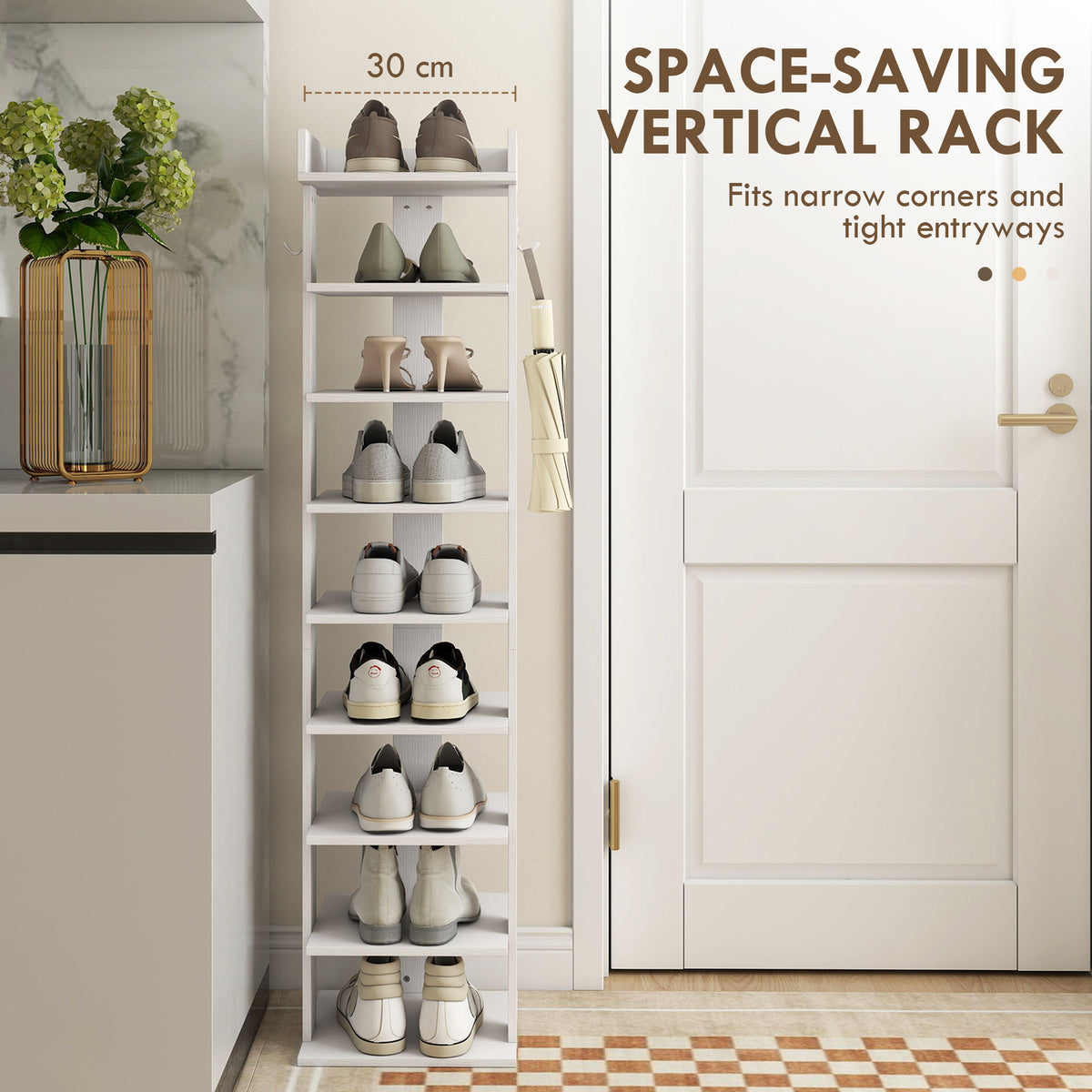HOMCOM 9 Tier Shoe Rack with Top Tray Guardrail and 2 Hooks White