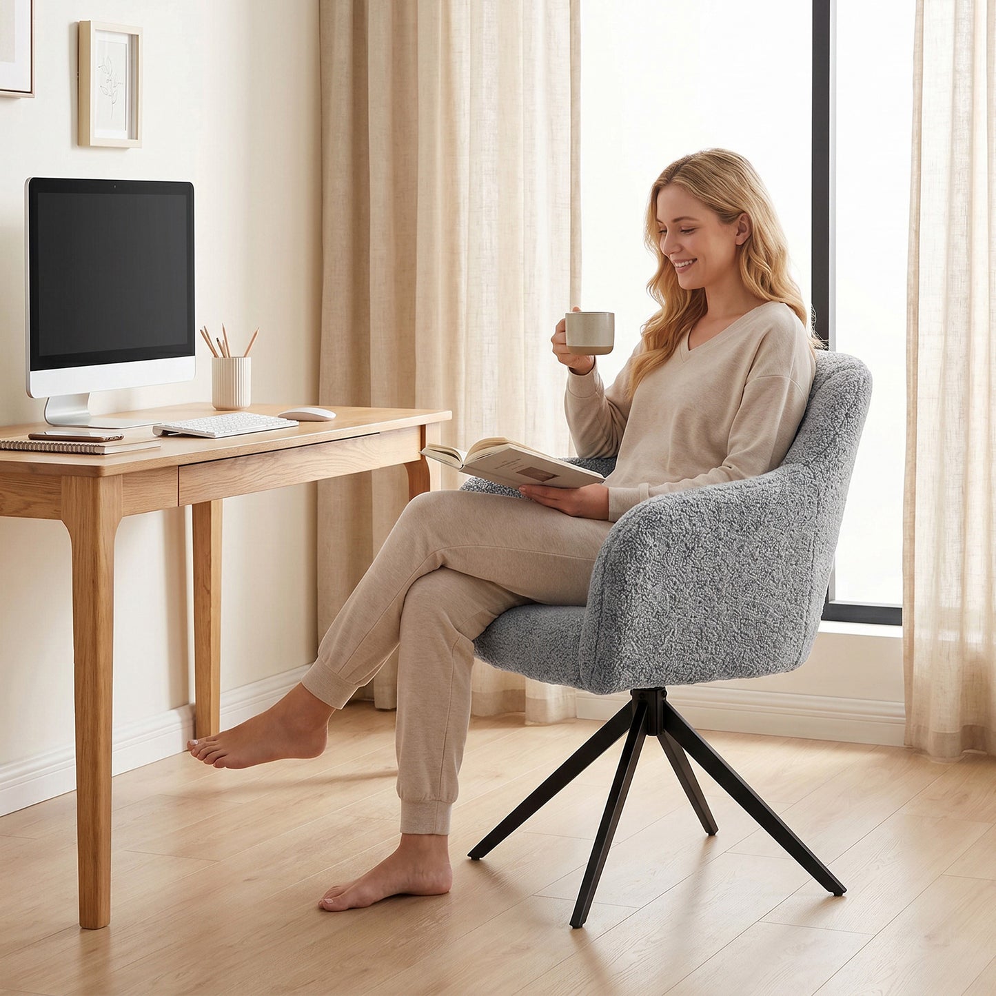 HOMCOM 360 Degree Swivel Accent Chair Snow Flannel Armchair Grey Premium Padded Foam Comfort For Reading