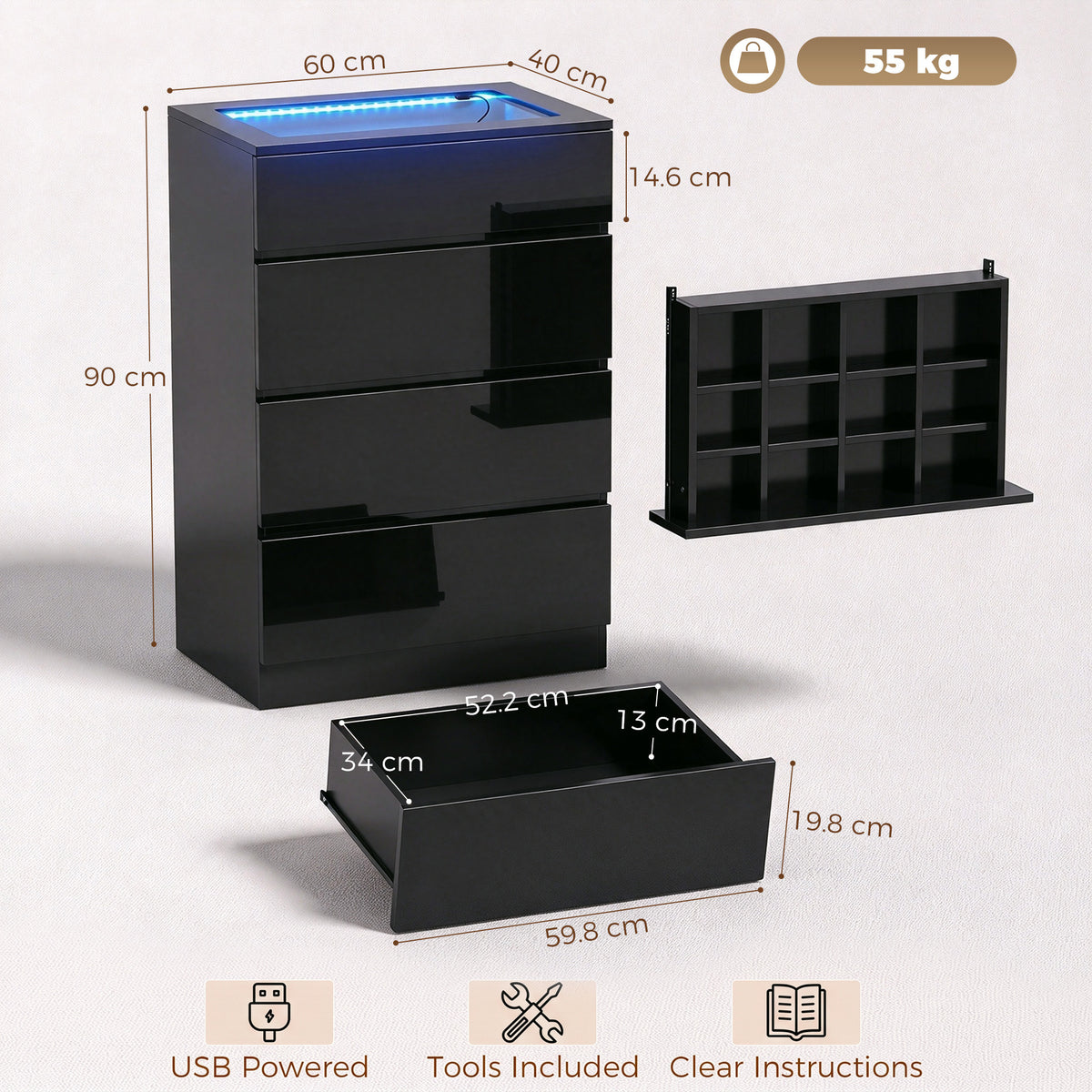 Homcom High Gloss Dresser With Tempered Glass Top And Rgb Led Lights Black