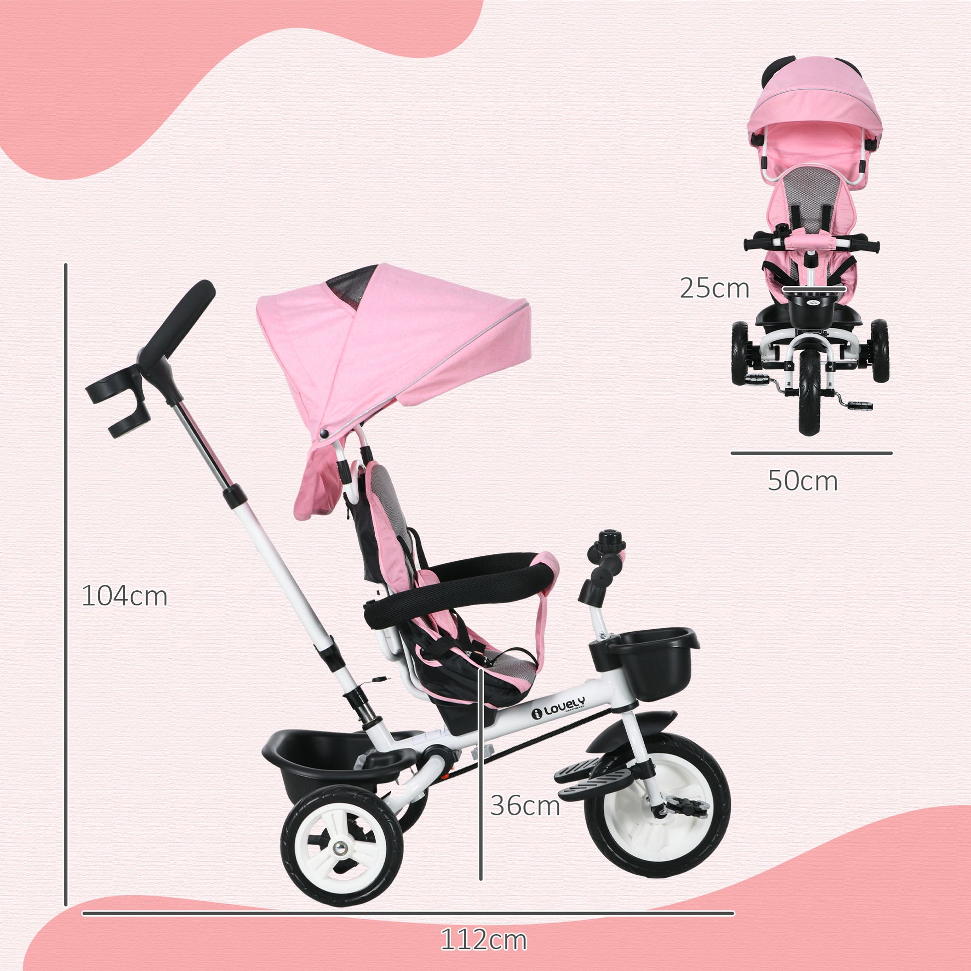 HOMCOM 4-in-1 Metal Frame Baby Push Tricycle with Parent Handle for Ages 1-5, Pink - ALL4U RETAILER LTD