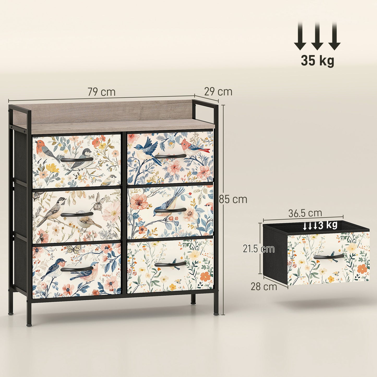 HOMCOM 6 Drawer Fabric Chest of Drawers White with Removable Foldable Drawers and Patterned Panels