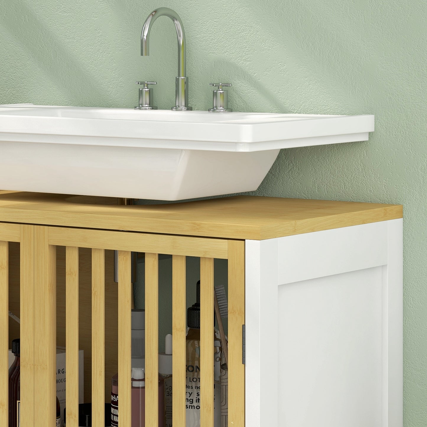 HOMCOM Bamboo Blend Retro Cutout Under Sink Cabinet With Three Position Adjustable Shelf For Bathroom Storage