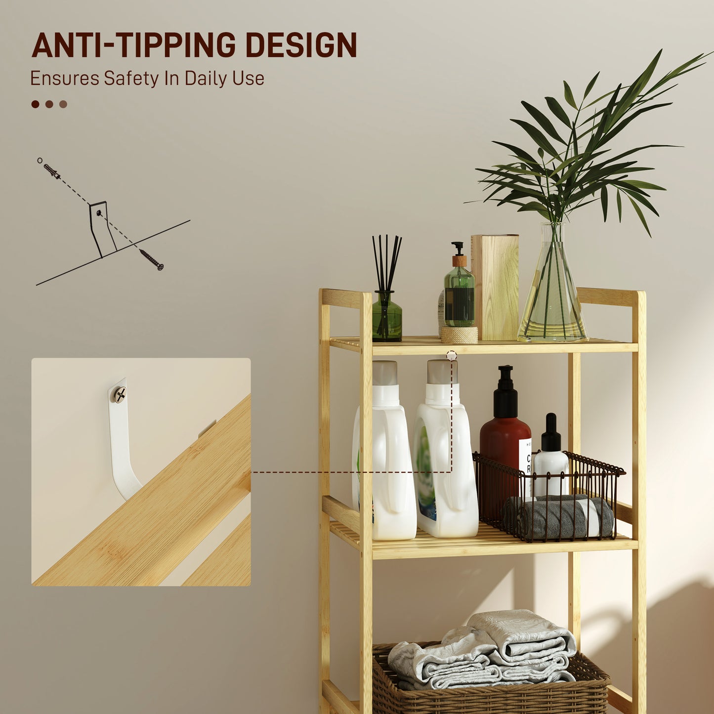 Homcom Three Tier Bamboo Adjustable Shelf Storage Unit Bathroom Moisture Resistant Organizer