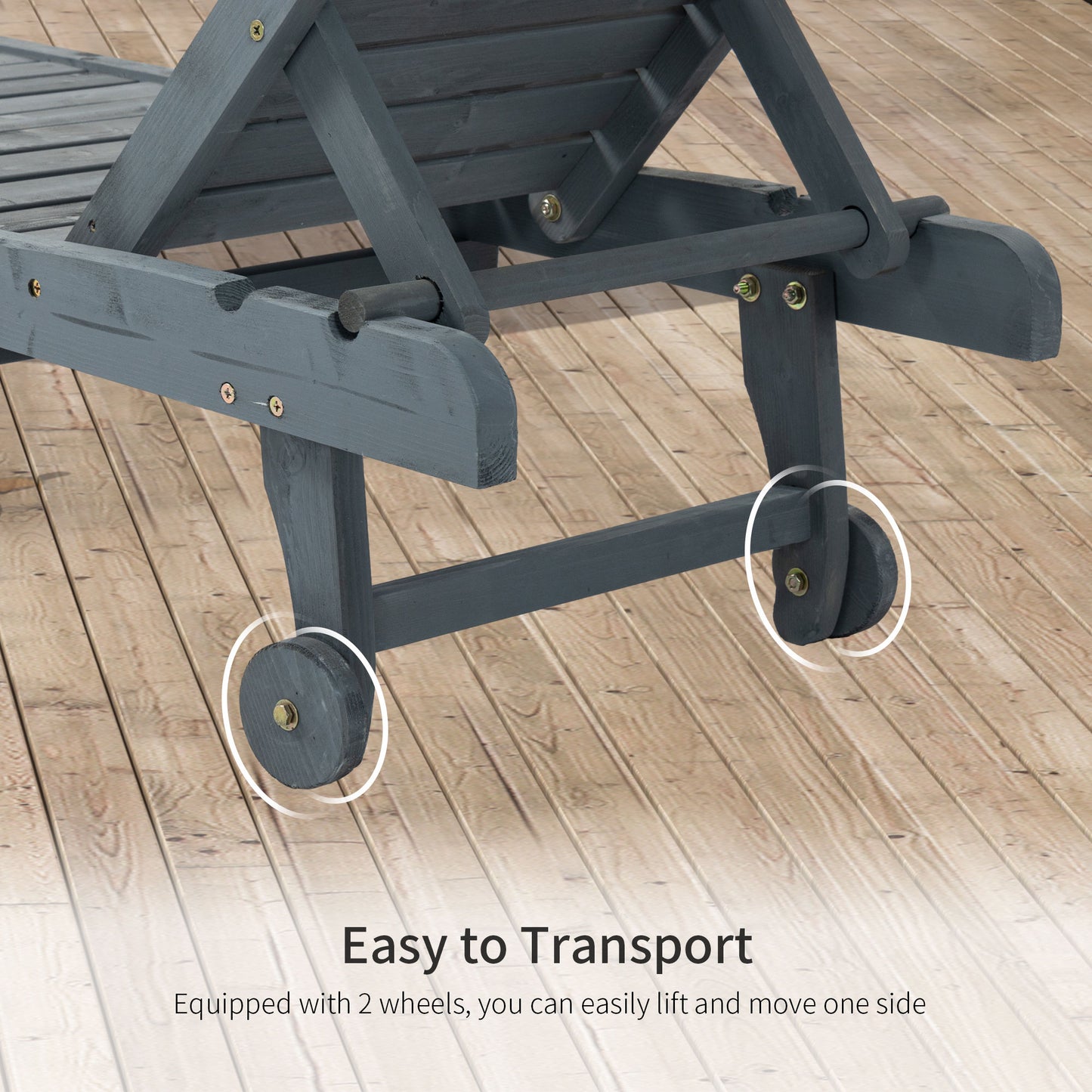 Outsunny Wooden Garden Sun Lounger With Built In Table Rolling Wheels Reclining Backrest And Side Tray Grey