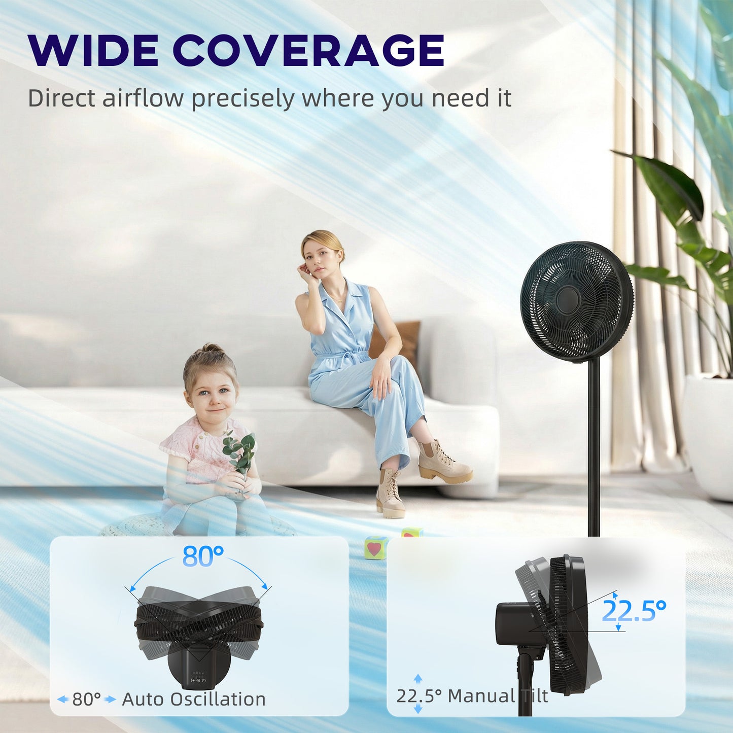 HOMCOM 40 cm Standing Fan With 80 Degree Oscillation Adjustable Tilt And Height 4 Speeds Remote Control Black